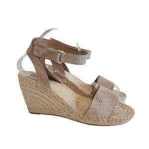 Tory Burch Bima 2 Tan Suede Wedge Jute Espadrille Ankle Strap Sandals Heels 8